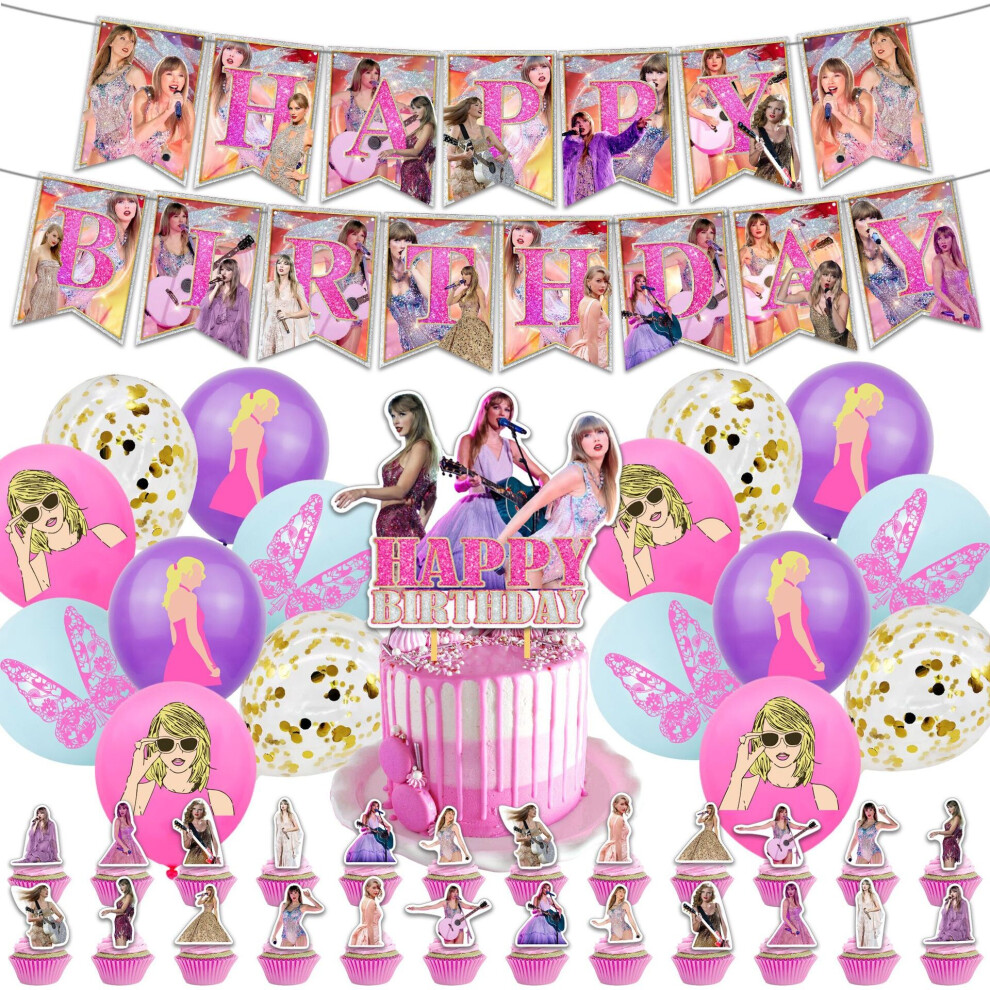 Taylor Swift Themed Pink Birthday Party Supplies Decoration Banner Balloons Kit Cake Cupcake Toppers Set