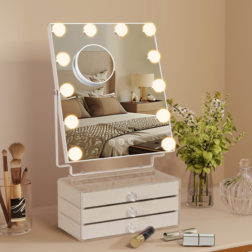 (A) LED Hollywood Mirror Storage Box 360° Rotation UK