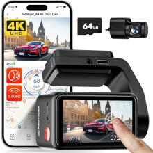 REDTIGER A4 Dash Cam - Front/Rear 4K+1080P, Built-in 5GHz WiFi, Voice Control, 2.2in Touch Screen, 24h Parking, Night Vision, GPS, 64GB Card Included