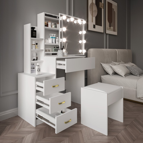 Dressing Table Mirror & Stool Set Vanity Makeup Desk With Drawers + Led Lights