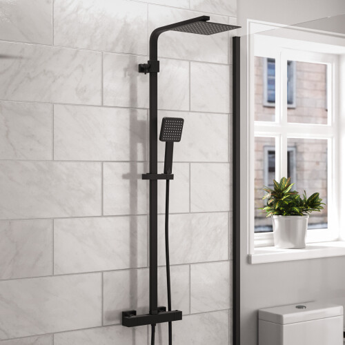 Modern Square Matte Black Exposed Thermostatic Mixer Shower Set With Shower Head