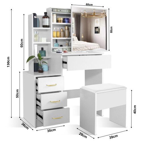 Dressing Table Mirror & Stool Set Vanity Makeup Desk With Drawers + Led Lights 2
