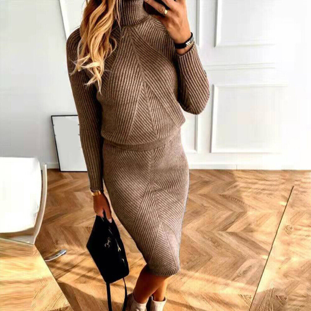Ensemble 2 PiÃces Pour Femmes VÃªtements TricotÃs Pull Ã Col RoulÃ + Jupe .-Marron-4XL