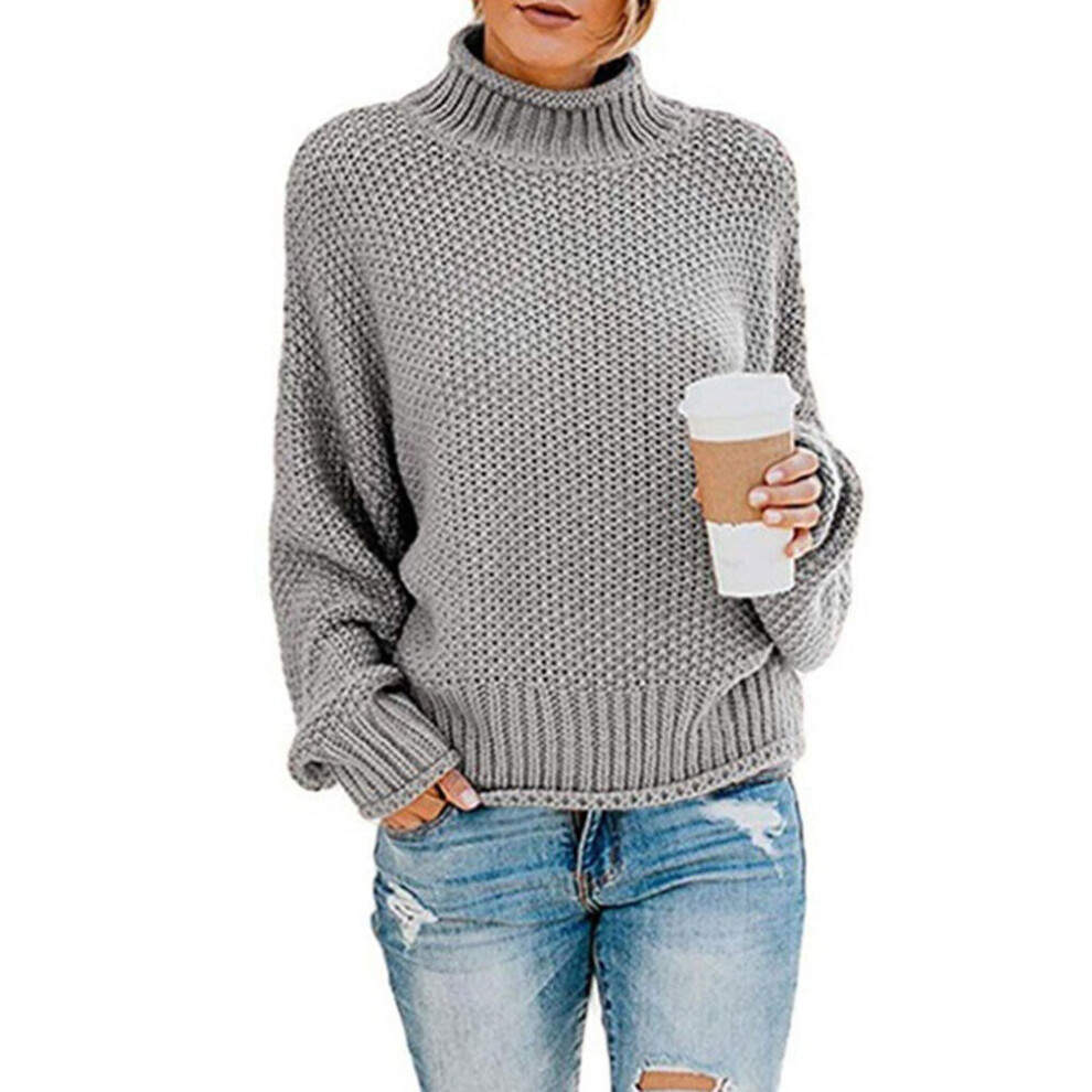 Pull Tricoté À Col Roulé Pour Femme Haut Solide Chaud Hiver Us -Gris-L