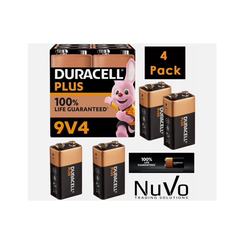 4 X DURACELL PLUS POWER 9V 6LR61 MN1604 PP3 ALKALINE BATTERIES SMOKE