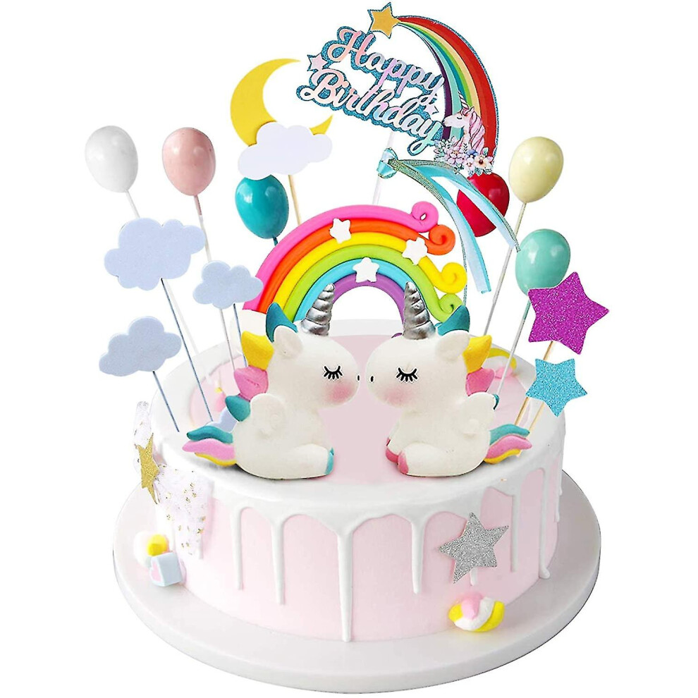 21Pcs Unicorn Cake Topper Kit Cloud Rainbow Balloon Happy Birthday Banner Cake Decoration For Boy Girl Kid Birthday White