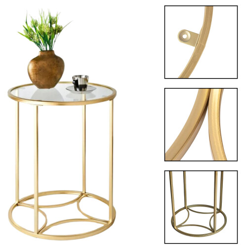 Gold Tempered Glass Side Table, Metal Frame Round End Table Nightstand 1