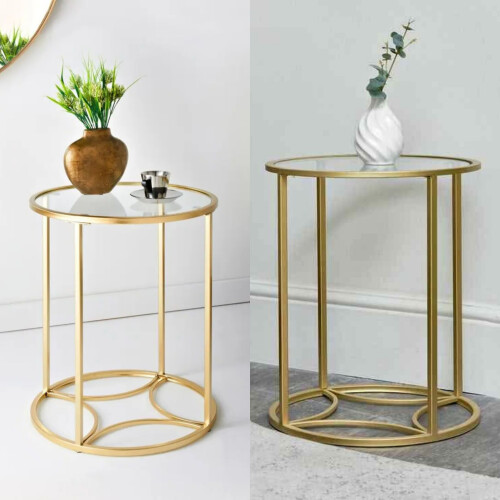Gold Tempered Glass Side Table, Metal Frame Round End Table Nightstand 2