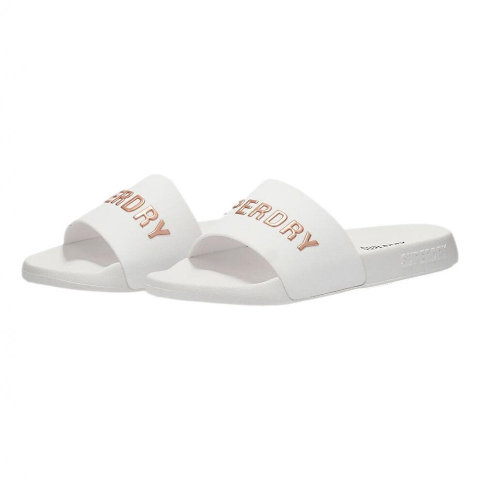 Superdry Logo Vegan Pool Slides - White / Metallic Rose Gold