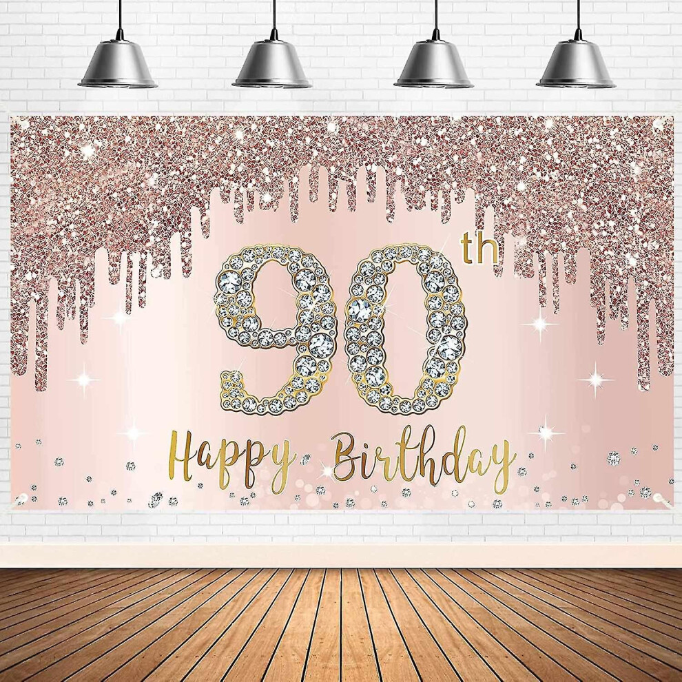 Happy 90th Birthday Banner Backdrop Decorations For Women, Rose Gold 90 Birthday Party Sign Supplies