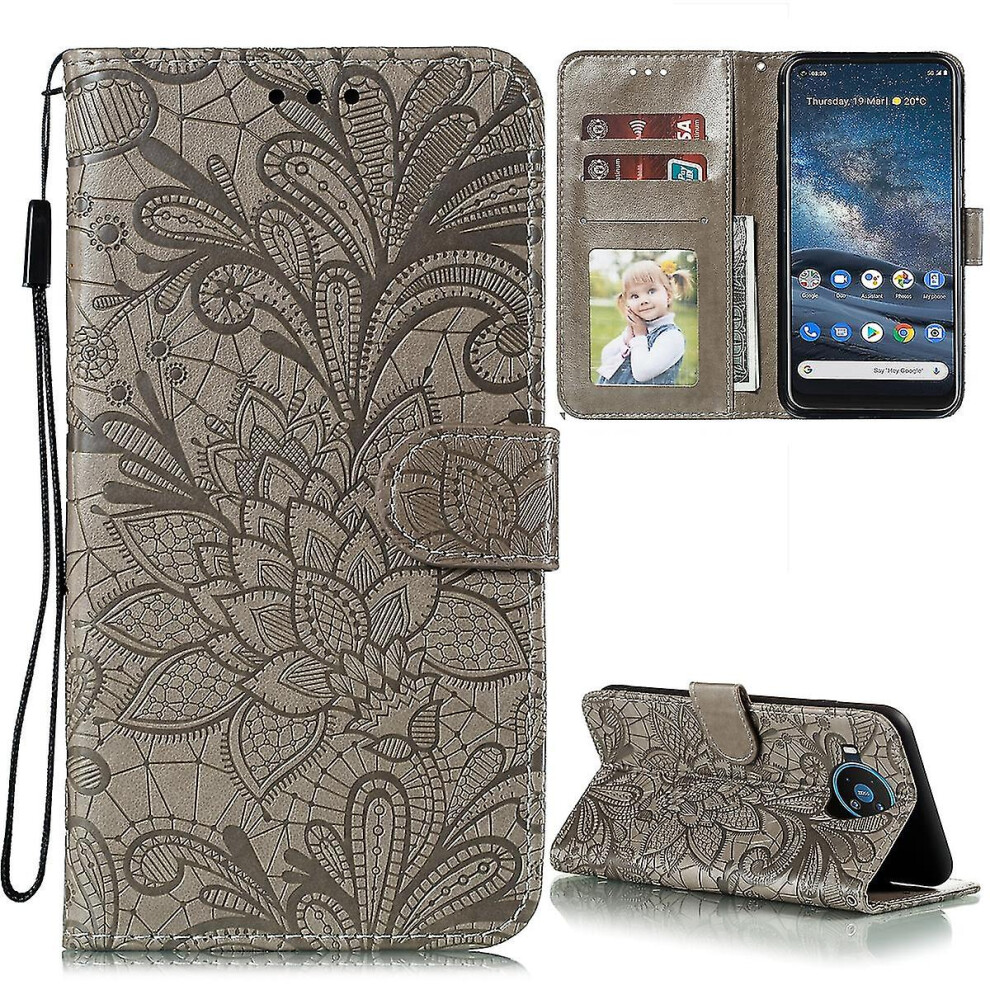(Grey) For Nokia 8.3 5G Lace Flower Embossed Case Grey
