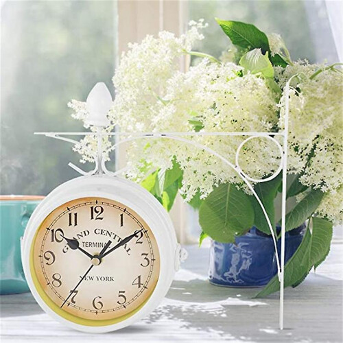 (WHITE) Double Sided Wall Clock, Station Clock Garden Clock Vintage Decoration 2