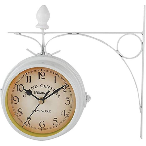 (WHITE) Double Sided Wall Clock, Station Clock Garden Clock Vintage Decoration
