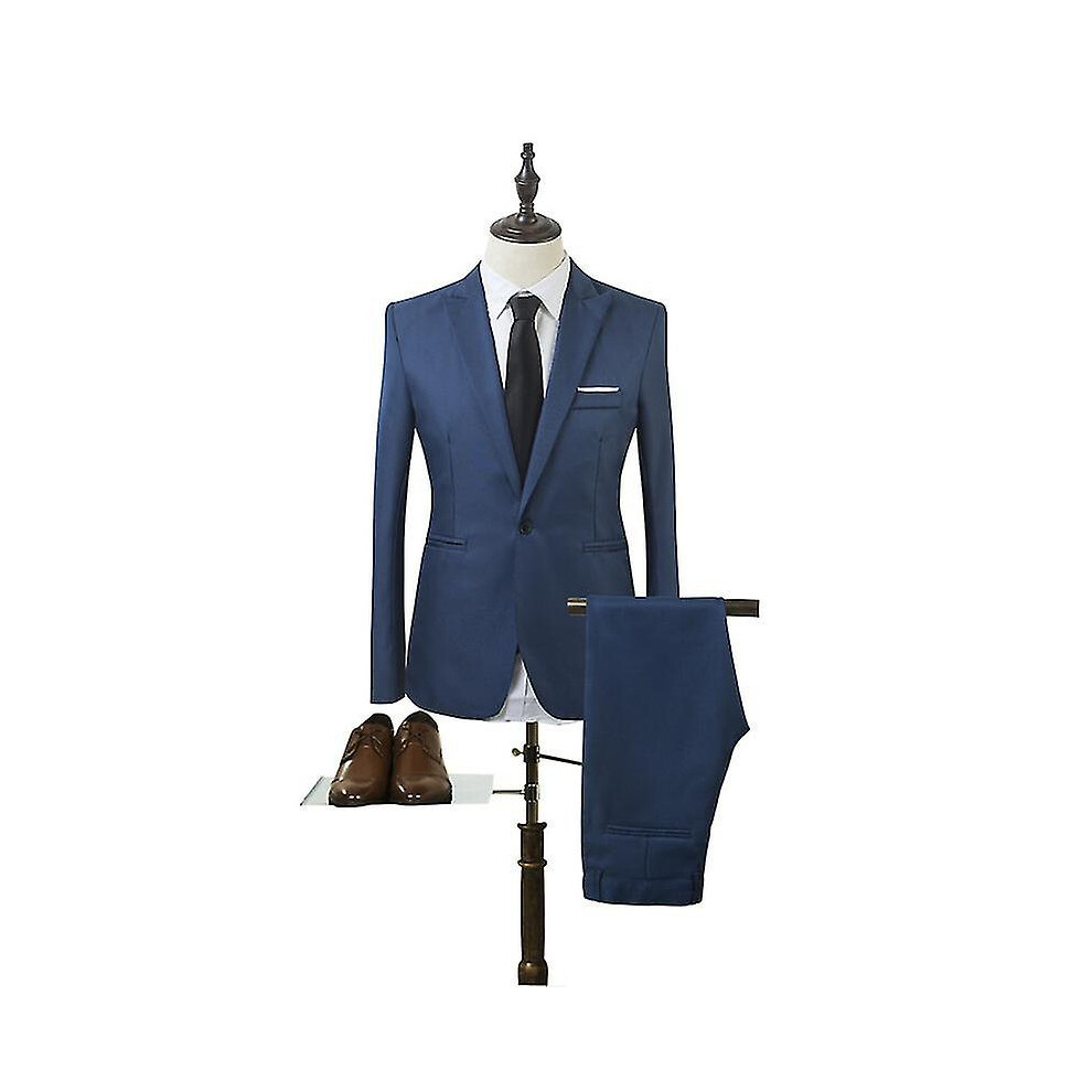 (Royal Blue, 3XL) Men Business Formal Suit Set Slim Fit Wedding Blazer Pants 2 Piece
