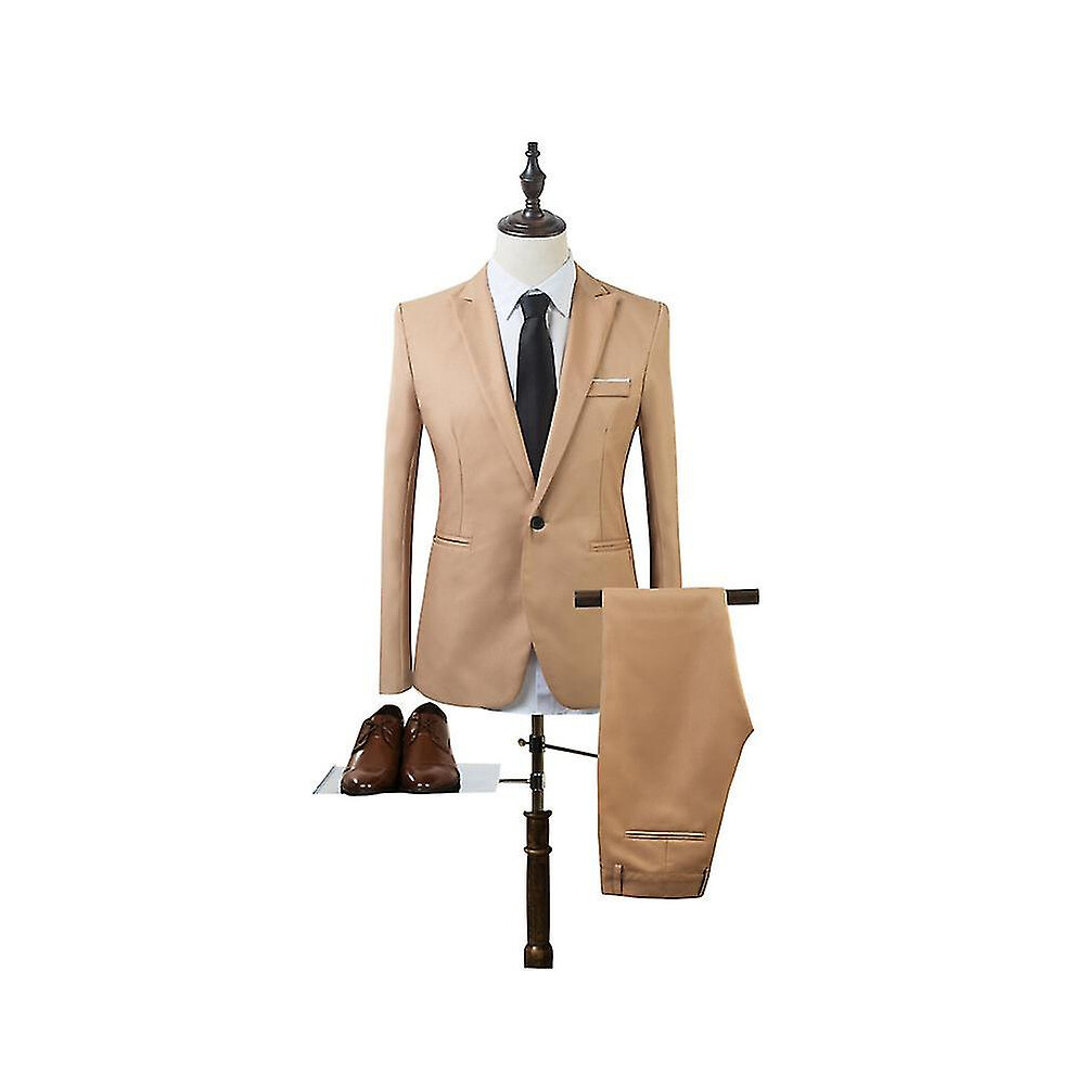 (Khaki, XL) Men Business Formal Suit Set Slim Fit Wedding Blazer Pants 2 Piece