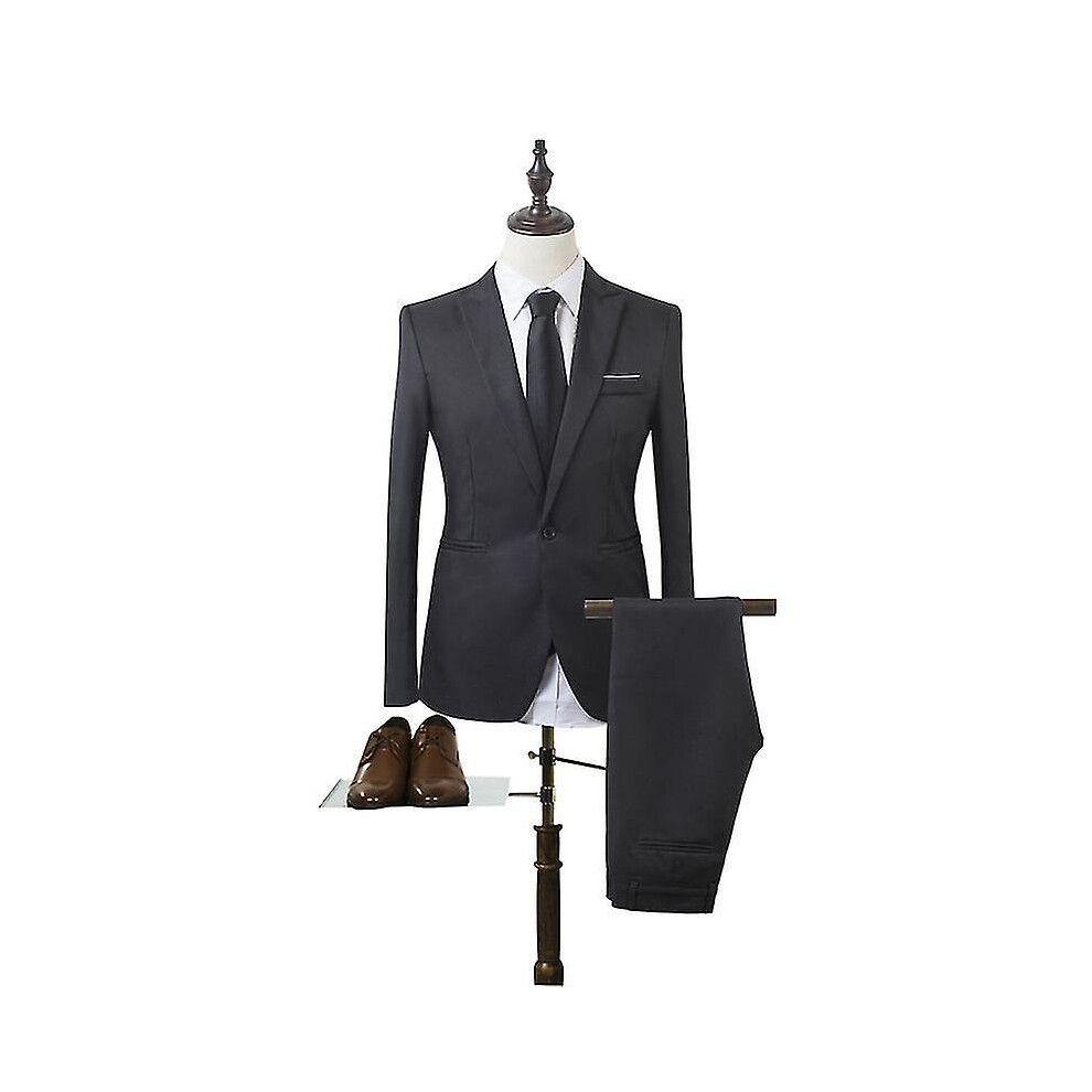 (Black, 2XL) Men Business Formal Suit Set Slim Fit Wedding Blazer Pants 2 Piece