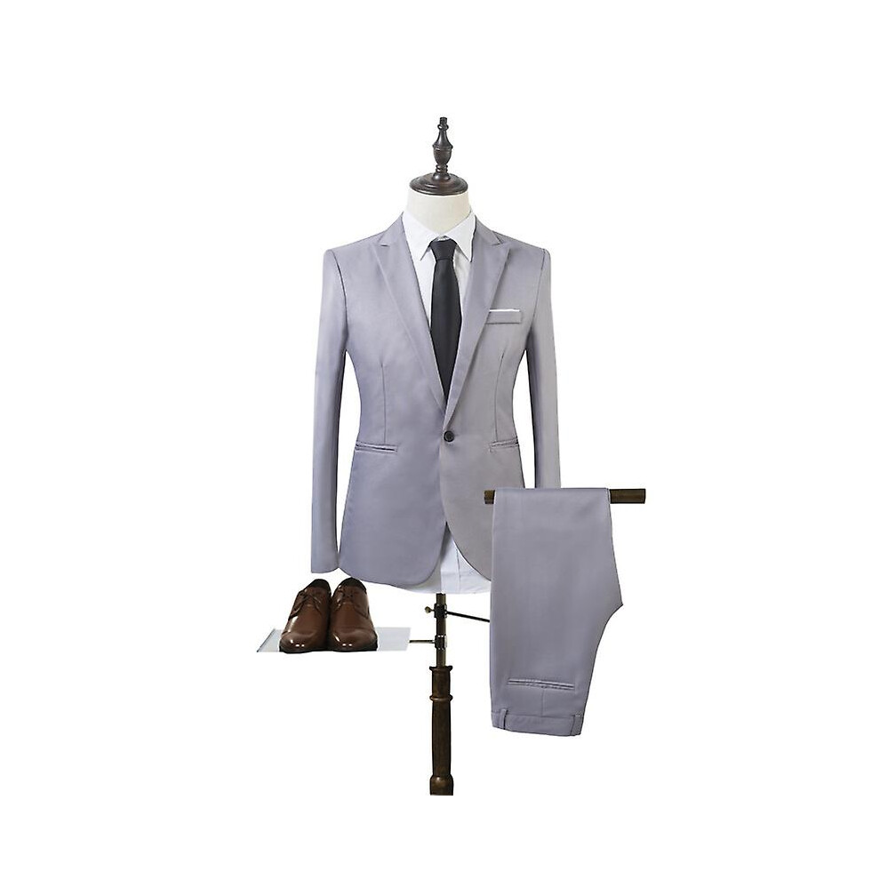 (Grey, 3XL) Men Business Formal Suit Set Slim Fit Wedding Blazer Pants 2 Piece