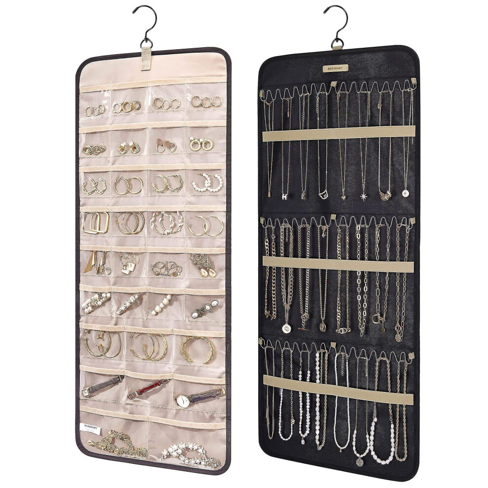 (Black) Jewellery Bag, Hanging Jewelry Organizer, Storage Roll, Double-sided Jewelry Holder With Hooks Metal Hooks