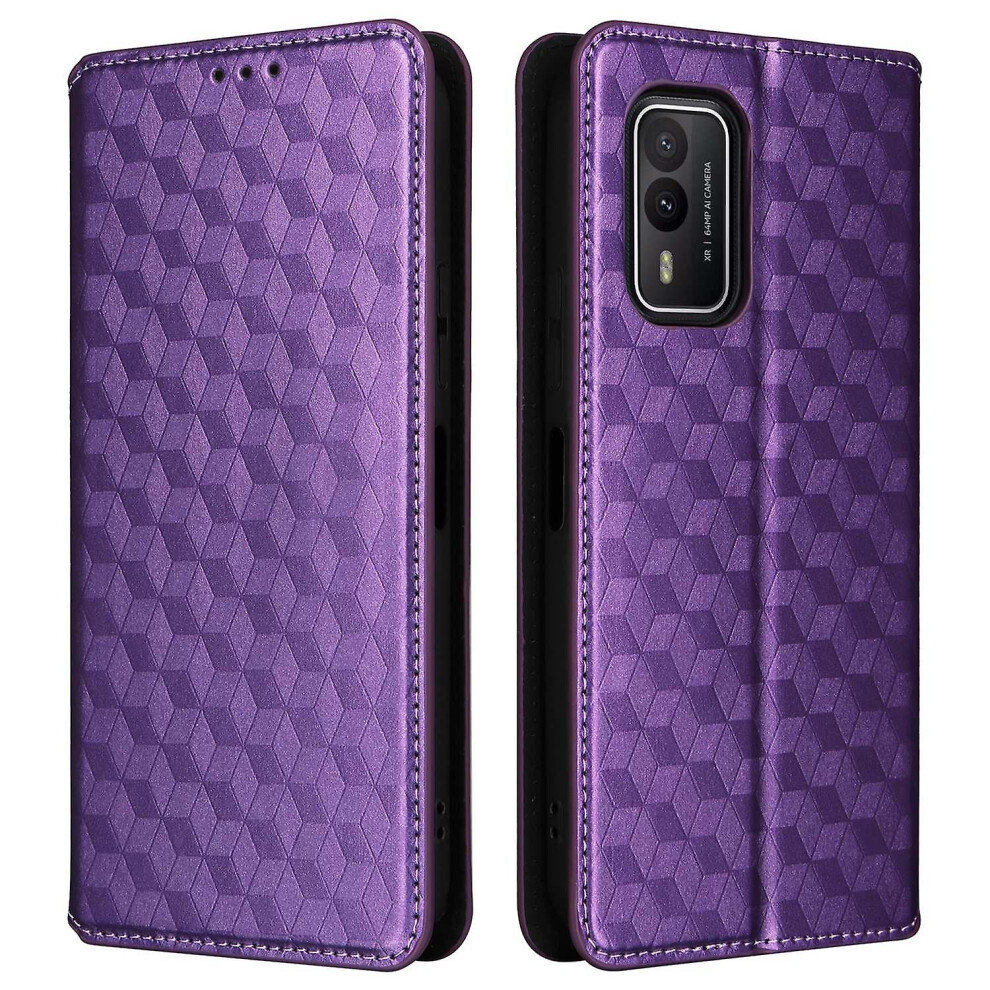 (Purple) Rhombus Imprinted Shell For Nokia Xr21 Bump Proof Phone Cover Stand Pu Leather Case Purple