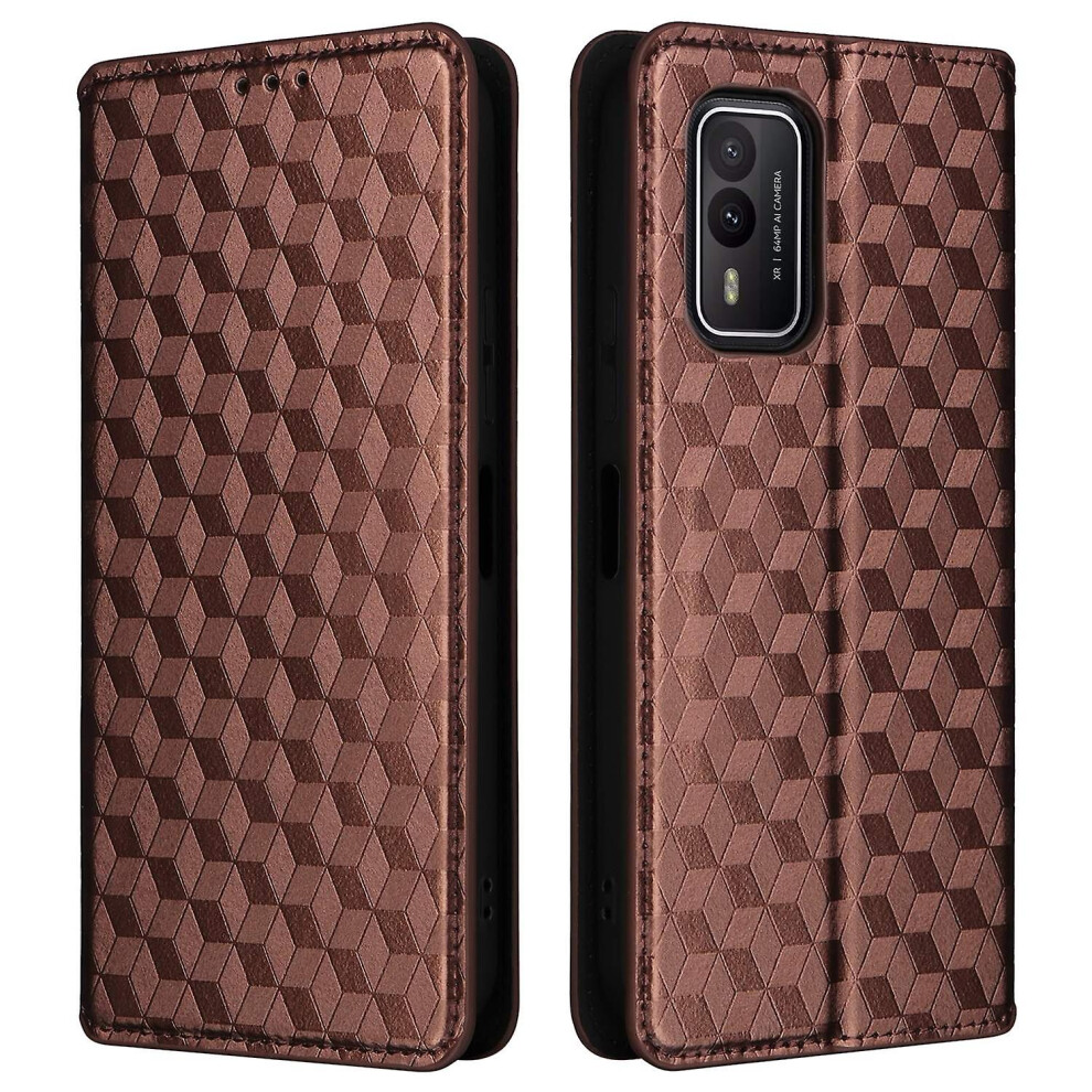 (Brown) Rhombus Imprinted Shell For Nokia Xr21 Bump Proof Phone Cover Stand Pu Leather Case Brown 8715748854960