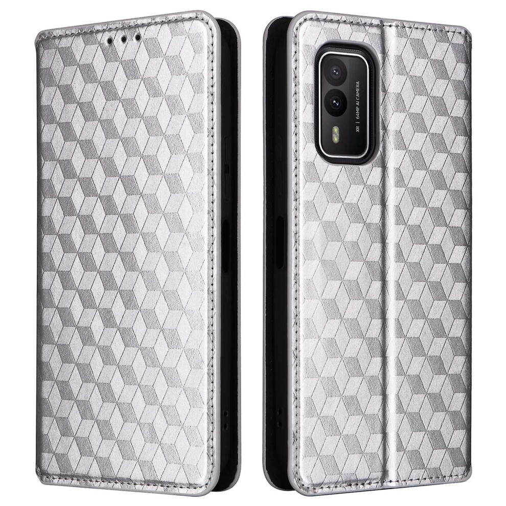 (Silver) Rhombus Imprinted Shell For Nokia Xr21 Bump Proof Phone Cover Stand Pu Leather Case Silver 8715748854984