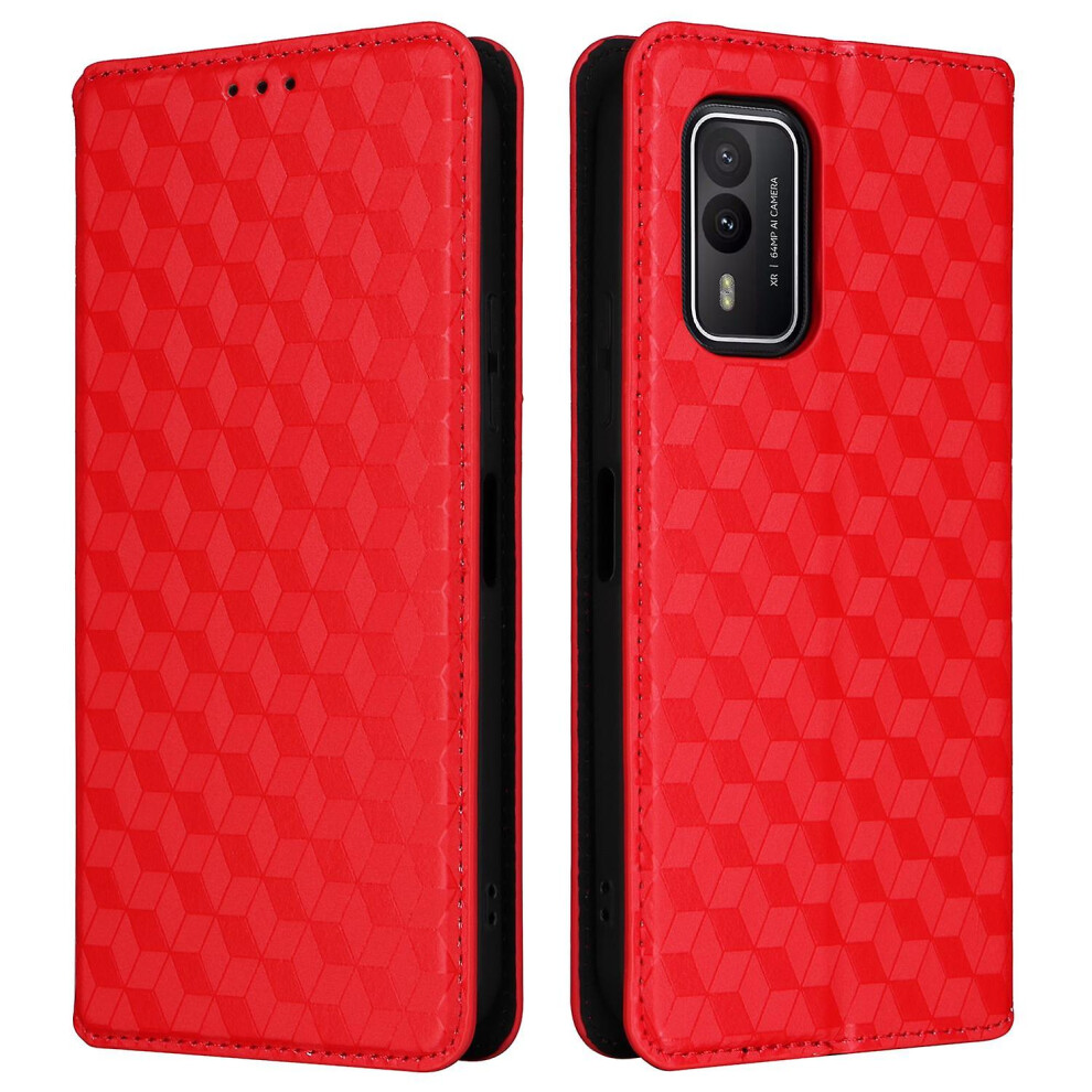 (Red) Rhombus Imprinted Shell For Nokia Xr21 Bump Proof Phone Cover Stand Pu Leather Case Red