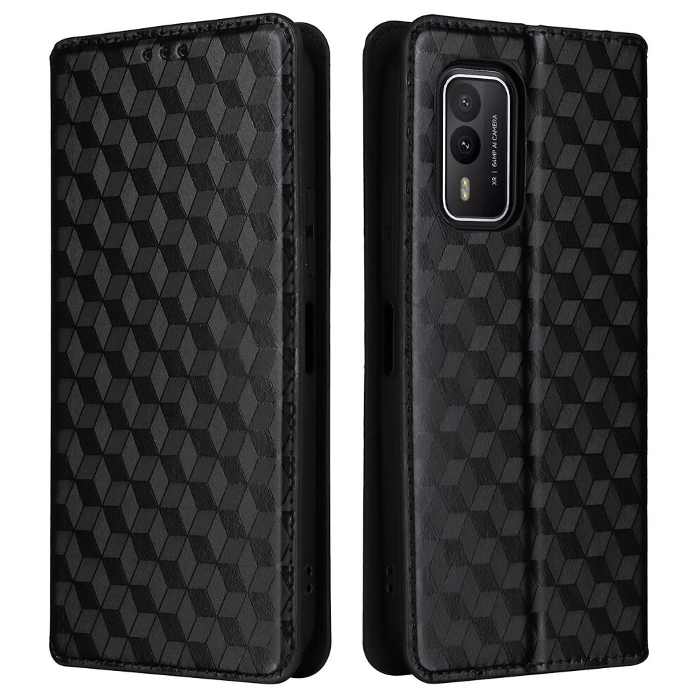 (Black) Rhombus Imprinted Shell For Nokia Xr21 Bump Proof Phone Cover Stand Pu Leather Case Black