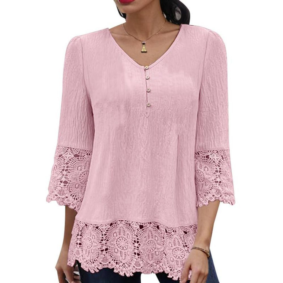 (L, pink) Zanzea Women Casual V-neck Lace Splice 3/4 Sleeve Loose Blouse