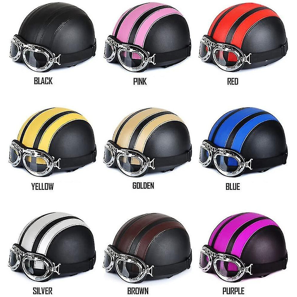(Red) Motorcycle Scooter Open Half-face Leather Helmet With Anti-uv Goggles Retro Vintage Style 54-60cm-image-OPC-PFXKBQM-NEW