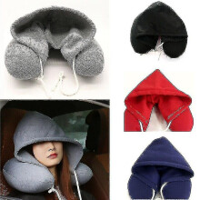 (Black, One size) New Soft Hooded U-shape Neck Travel Pillow With Hat Neck Pillow Travel Office Nap Car Airplane Sleep Travel Neck Cushion