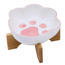 (pink, One size) Ceramic Cat Dog Food Bowl with Wood Stand Non-Slip Cute Food and Water Bowls