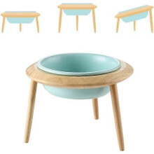 (Blue, Small) HCHLQLZ Glass Adjustable Elevated Raised Pet Bowl with Wood Stand for Cats and Dogs No Spill Pet Food Water Feeder (3 installation methods for differ