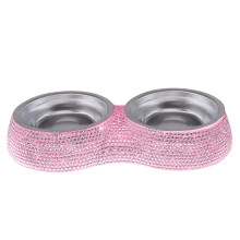 (Pink, One size) Rhinestone Dog Bowls Stainless Steel Double Food Water Feeder Pet Supplies For Puppies-hao