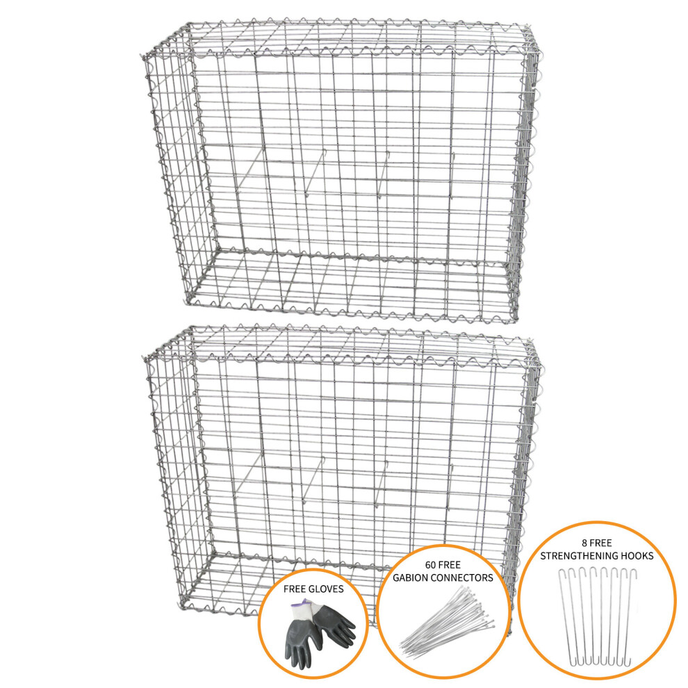 Paniers Gabion Extérieur en Acier Galvanisé 100 x 80 x 30 cm - Lot de 2 avec connecteurs gratuits et gants CE inclus
