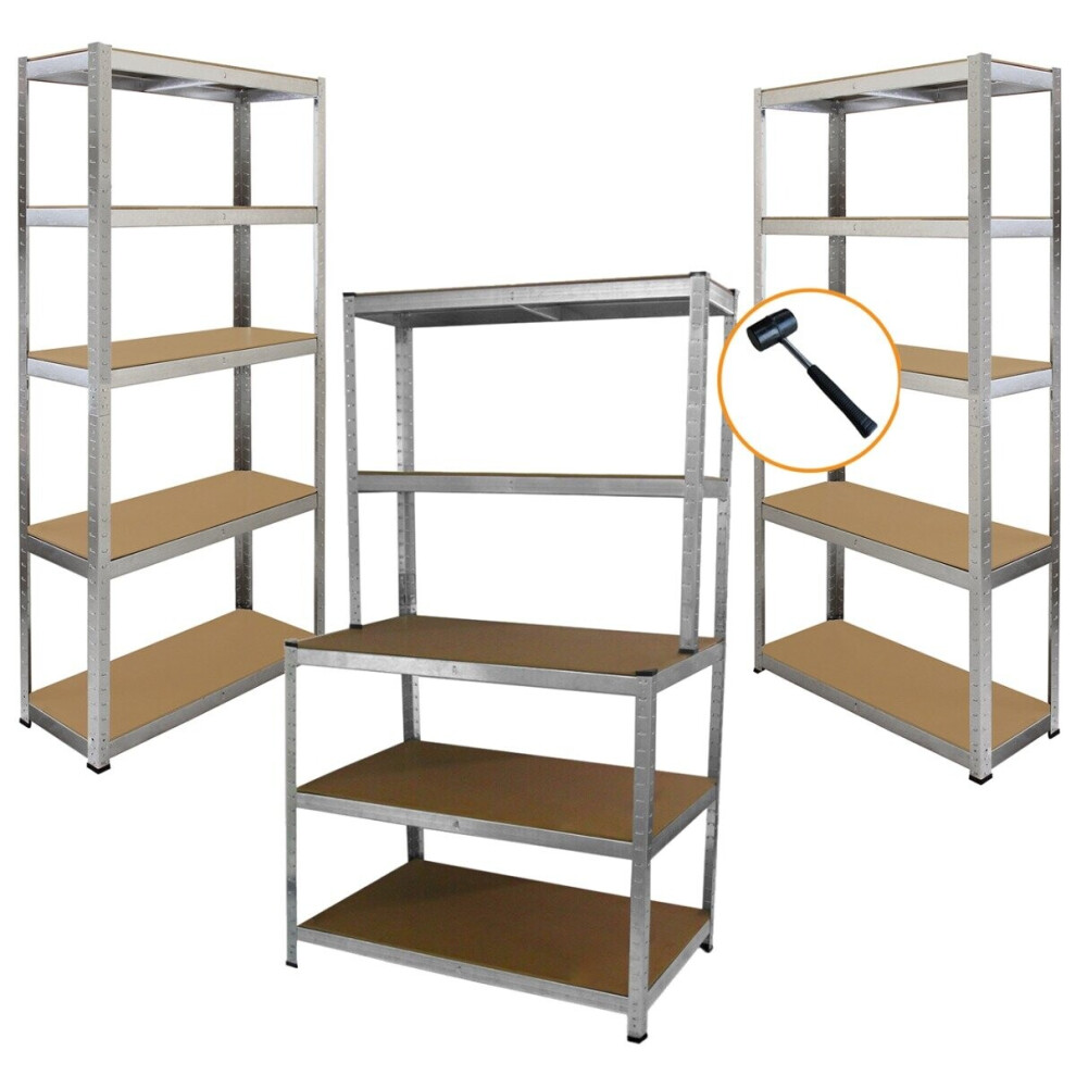 2 Silver Racking Units 5 Tier & Workbench Garage Storage Warehouse Shelving