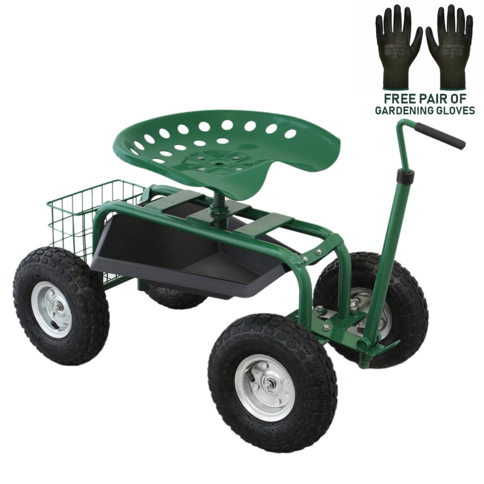 Wheeled Garden Cart Seat Heavy Duty Swivel Mobile Tool Tray Basket Gardening