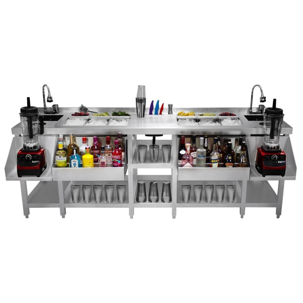 Station de bar à cocktail double en acier inoxydable, avec bac à glace isolé, évier et rince-verres