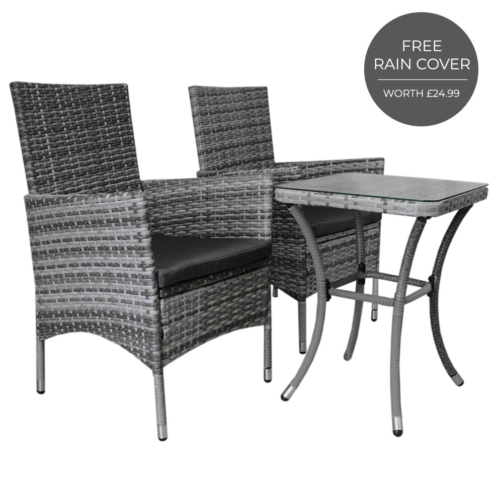 Bistro Set Rattan 3PC Outdoor Garden Chair Table Patio Dining Balcony Grey