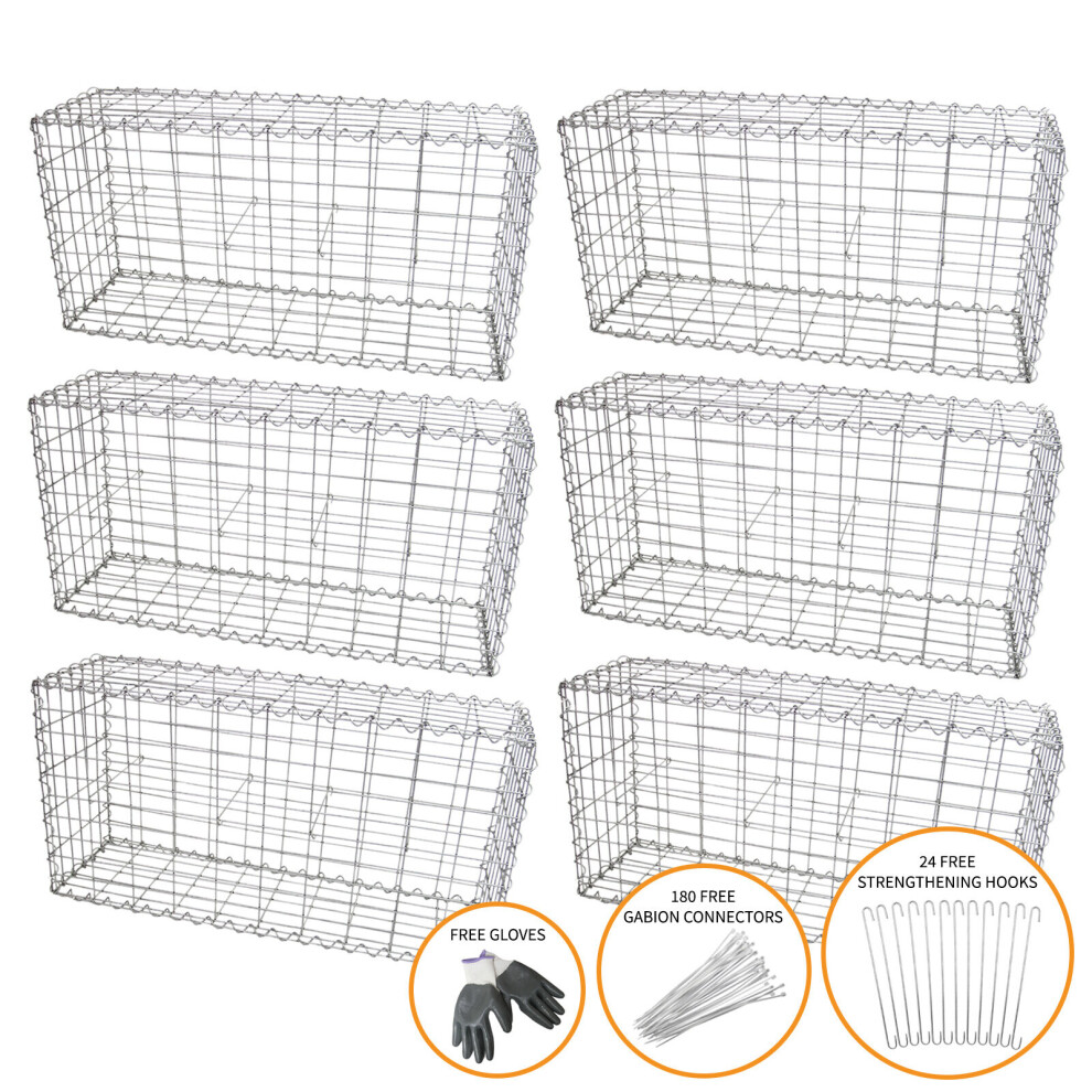 Gabions de jardin - 6 paniers galvanisés 100x50x30 cm, cages en acier, assemblage facile avec connecteurs et gants inclus