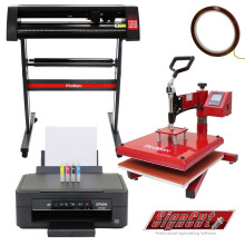 38 cm svingpresse, 720 mm vinylkutter og Epson-skriver