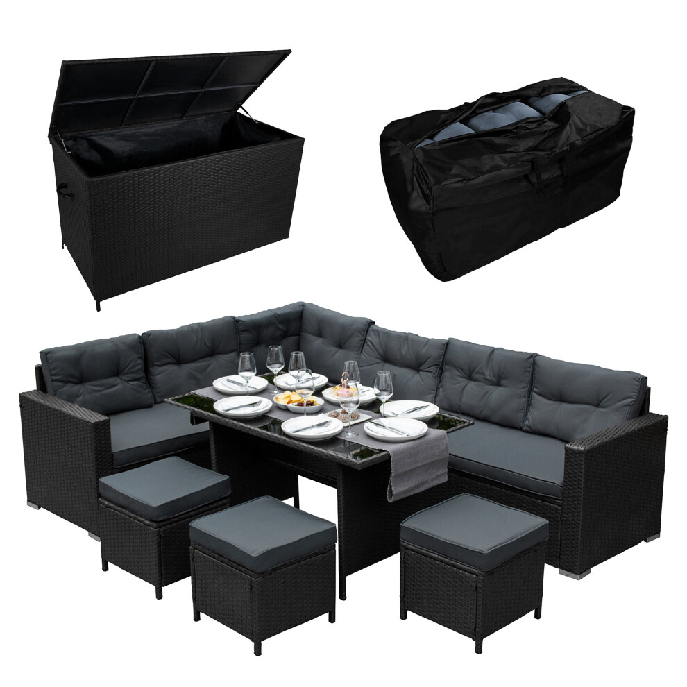 Rattan Corner Furniture Set & Garden Storage Box Black Large Outdoor