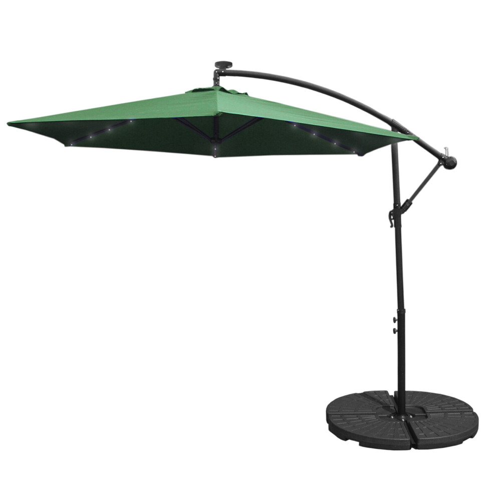 (Green, Fan Base) 3m LED Cantilever Parasol Banana Umbrella Garden