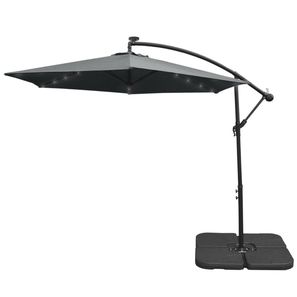 (Grey, Plain Base) 3m LED Cantilever Parasol Banana Umbrella Garden