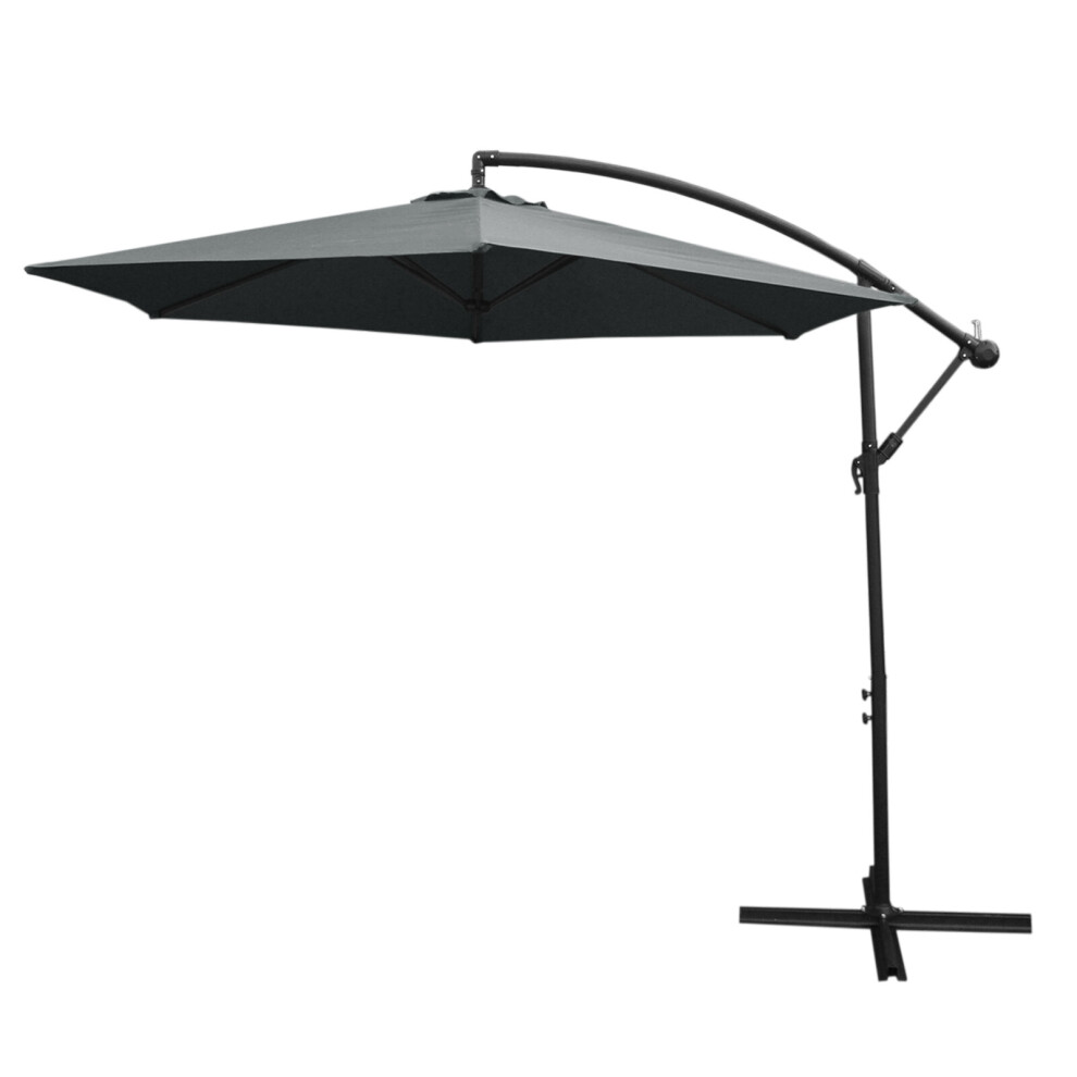 (Grey, Fan Base) 3m LED Cantilever Parasol Banana Umbrella Garden