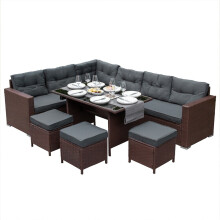 Rattan Corner Set Gartenmöbel Braun Sofa Hocker Tisch Wasserdichte Kissen