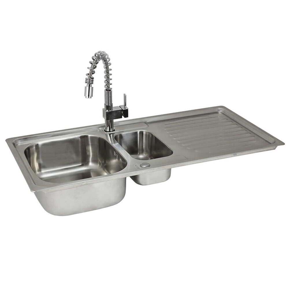 Évier de cuisine en acier inoxydable 1,5 cuve réversible – double bac, 0,9 mm, kit vidange et robinet Rainbow inclus