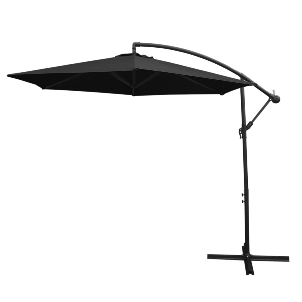 (Black, No Base) 3m LED Cantilever Parasol Banana Umbrella Garden