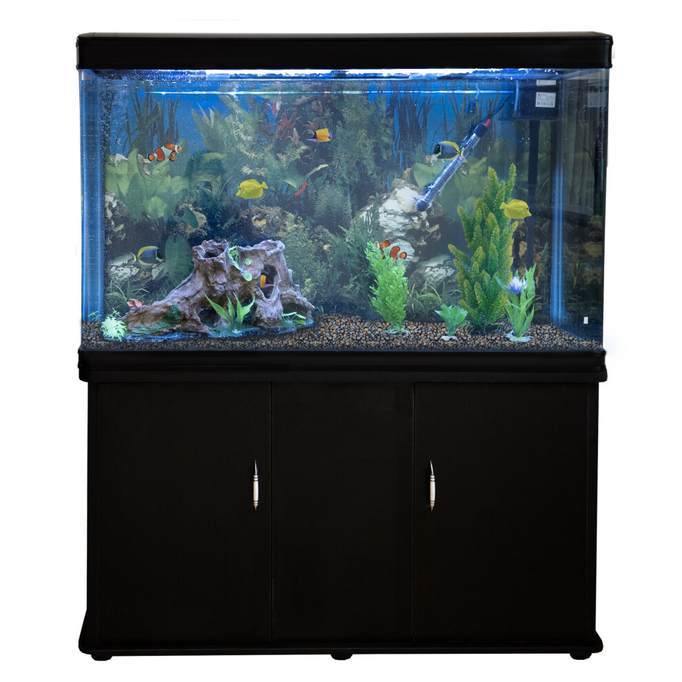Aquarium Fish Tank Cabinet Complete Set Up Black Tank Natural Gravel