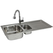 KuKoo 1.5-Bowl Reversible Stainless Steel Kitchen Sink 0.9mm with Pull-Out Padstow Mixer Tap & Waste Kit (Code 10473)