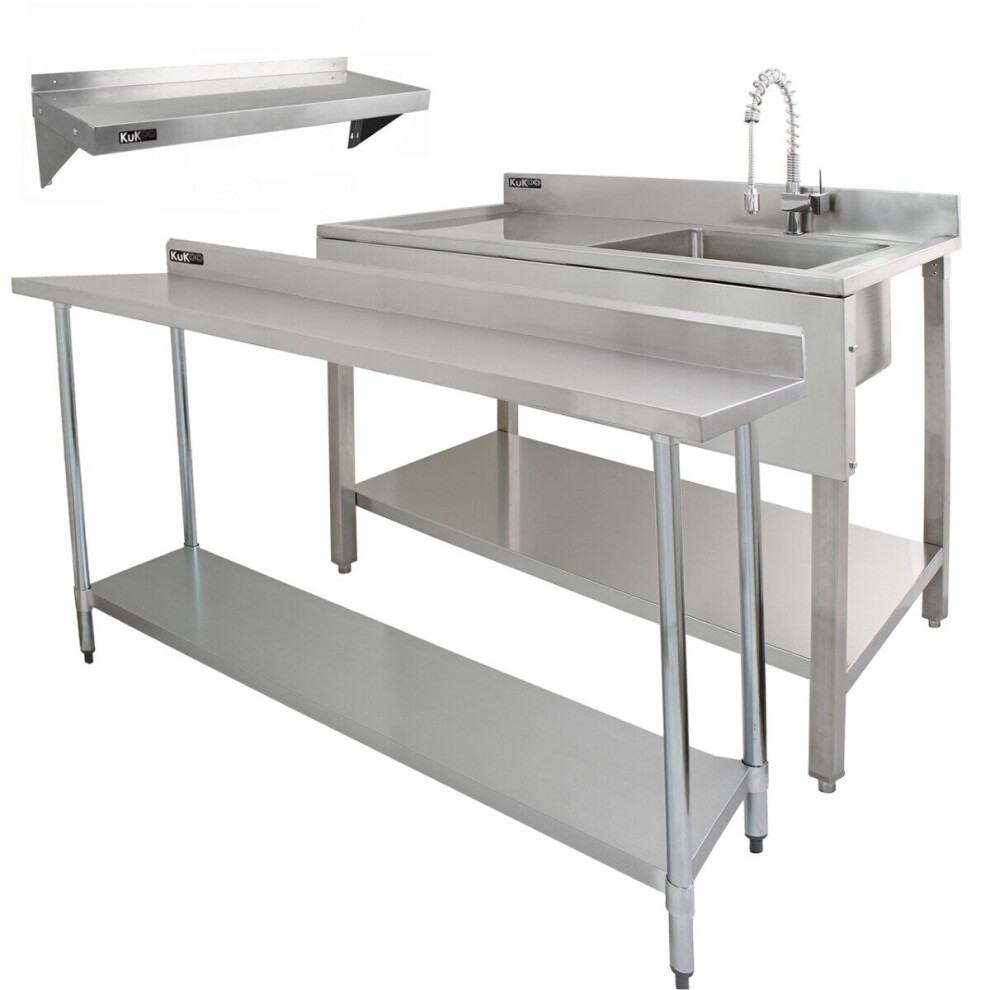 Stainless Steel Catering Bench & Wall Shelves Commercial Kitchen Work Prep Table